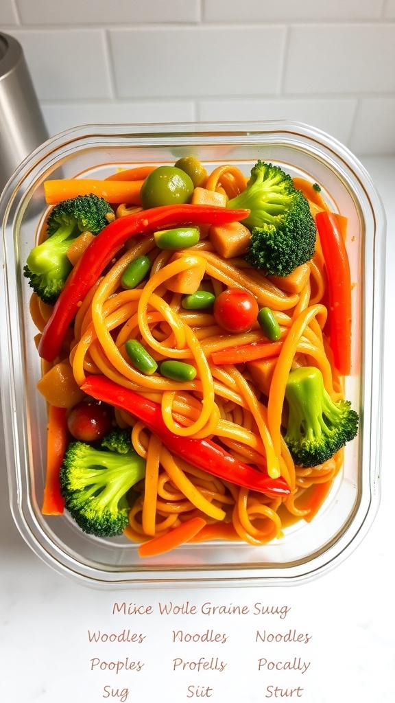 Healthy Noodles Meal Prep Recipe Meal prep container with colorful noodles, vegetables, and protein, ready for the week.